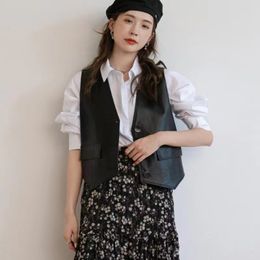 Gilets pour femmes Punk col en v en cuir gilet femmes mode coréenne recadrée Streetwear gilet en cuir Vintage décontracté sans manches en cuir vêtements d'extérieur 2023 nouveau