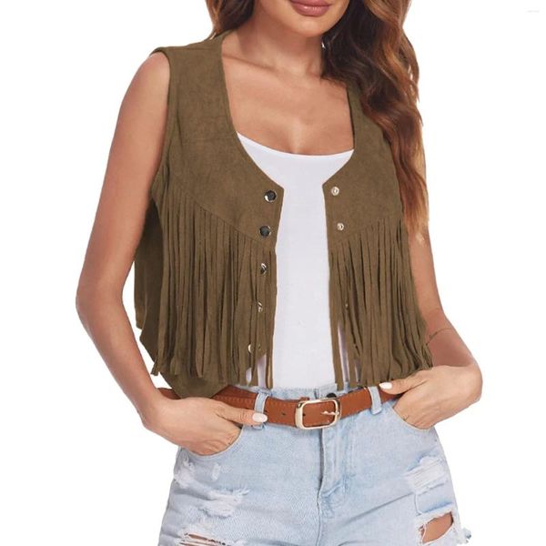 Chalecos de mujer Punk Y2k Streetwear Mujeres Chaleco de gamuza Hippie Borlas Chaqueta Vintage Western Country Cowgirl Flecos Cardigan Chaleco Tops