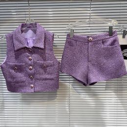 Damesvesten Paarse Kleur Turn Down Kraag Tweed Mouwloos Vest Jas En Shorts Twinset 2 Delig Pak SML