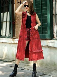 Damesvesten Qing Mo Denim Long Vest Women Losse show Slank Red Green Personaliseerde Street Trench Coat 2024 Spring Autumn ZXF4660