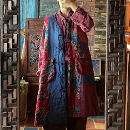 Gilets pour femmes QPFJQD Femme Longs Manteaux Rétro Imprimé Style Chinois Automne Printemps 2024 Lâche Femmes Vintage Col V Lin Coton Vestes