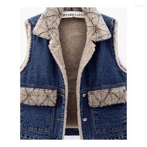 Gilets pour femmes rétro bleu laine d'agneau ajouter polaire et épaissir Denim gilet décontracté sans manches manteau en hiver 2023