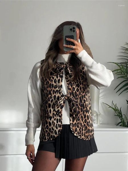 Chalecos de mujer Retro Leopardo Impreso Lace Up Mujeres Chaleco Chic O-cuello Sin mangas Single Breasted Cardigan Abrigo 2024 Spring Lady Street