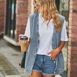 Damesvesten Retro Oversized Denim Vest Dames Mouwloos Jasje Streetwear Zak Mode Jas Vest Casual