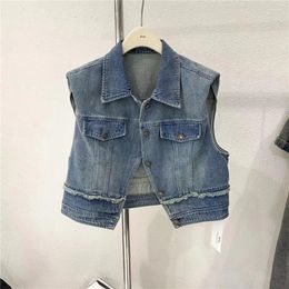 Chalecos de mujer Retro con hombros acolchados, chaleco vaquero con cuello vuelto, sin mangas, chaleco informal corto, ropa de abrigo vaquera elegante para primavera y otoño