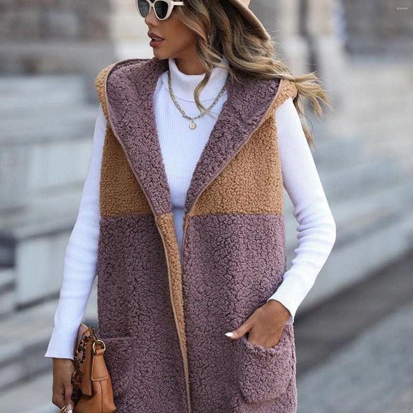 Chalecos de mujer, chaqueta de lana mecedora, chaleco largo de moda para otoño e invierno, abrigo cálido de retales, bloque de Color con capucha para mujer