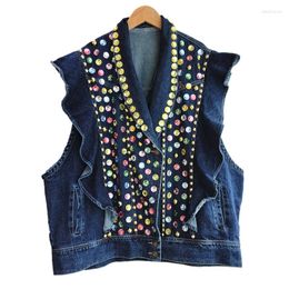 Chalecos de mujer Traje con volantes Cuello Chaleco de mezclilla Mujeres sueltas Longitud media Chaleco de vaquero Remache multicolor Lentejuelas Sin mangas Jeans Chaqueta Mujer