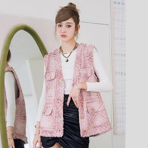 Damesvesten Runway Designer Women Pink Plai Vest 2022 Herfst mouwloze losse vestrand franjes Tweed Jacket Coat Tank Top