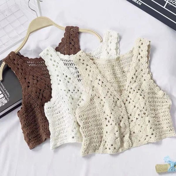 Gilets pour femmes simple boutonnage vintage décontracté lâche bureau dame cardigan creux crochet gilet sans manches gilet coton manteau femmes col en v