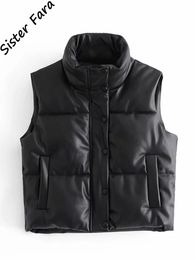 Femmes gilets soeur Fara PU cuir manteau noir col montant mode fermeture éclair élégant automne hiver court femme dames 230225