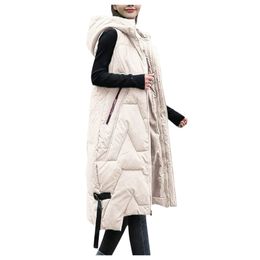 Gilets pour femmes sans manches doudoune vêtements de couleur unie décontracté fermeture éclair longue manteau à capuche mode irrégulière chaud léger vestes 231124