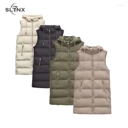 Gilets pour femmes SLTNX Mode Gilet en coton à capuche pour femmes 2024 Hiver Long Front Zippers Manteau Dames avec poche Gilet Manteaux
