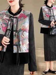Gilet pour femmes printemps 2024 Chinois Retro Imprime boucle gilete femme veste file d'attente de couleur contraste de couleur polyvalente