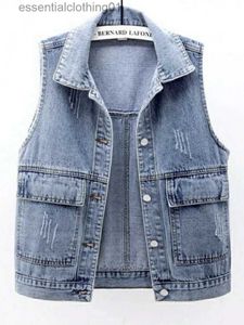 Damesvesten Lente en zomer nieuw denim vest dames korte Koreaanse versie losse en veelzijdige mouwloos vest met grote zak L230922