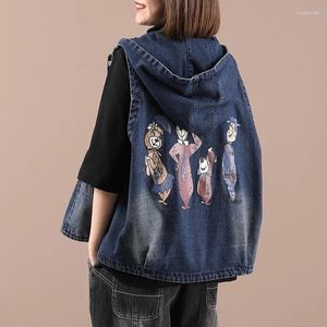 Gilets pour femmes printemps automne gilet coréen ample décontracté imprimé à capuche gilet poche sans manches veste en jean femme