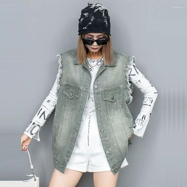 Gilets pour femmes Printemps Automne Femmes Mode Diamant Effiloché Bavures Denim Gilet Casual Revers Simple Boutonnage Sans Manches Jeans Gilet Femme