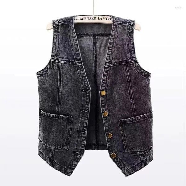 Chalecos de mujer Primavera Verano Coreano Corto Chaleco de mezclilla Mujeres Vintage Negro Sin mangas Chaqueta Casual Jeans Mujer Chaleco Chaleco Mujer D112