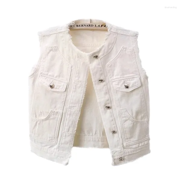 Gilets pour femmes Printemps Été Blanc Effiloché O Cou Grande Poche Denim Gilet Femmes Slim Court Gilet Cowboy Veste Sans Manches Jeans Femme