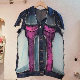 Gilet pour femmes printemps d'été Femme bleu denim Ve gisement peint à la main Graffiti Primp Mesh Patchwork Hole Sleeveless Jeans Jacket