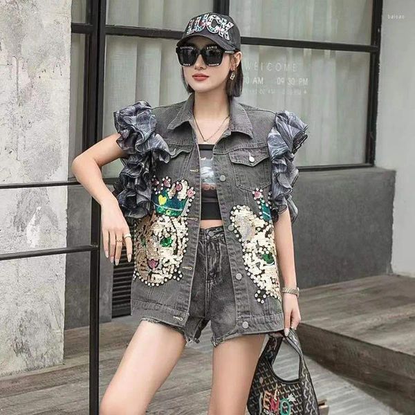 Gilets pour femmes Printemps Femmes Gris Court Denim Gilet Paillettes Dessin Animé Motif Volants Épissage Haute Qualité Mesh Sans Manches Gilet Streetwear