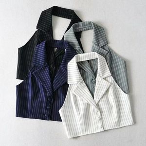 Damesvesten Stripe Vest Women Short Halter Top V-Neck Waistcoat Office Ladies Crop Tops Business Formal Workwear