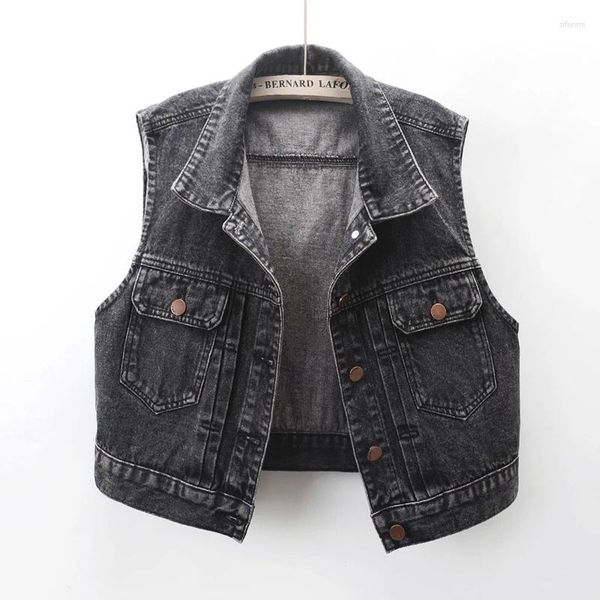 Gilets pour femmes Été Vintage Bleu Noir Big Pocket Denim Gilet Femmes Slim Court Cowboy Gilet Veste Coréenne Sans Manches Jeans Femme