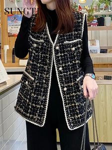 Damesvesten Sungtin Vintage Tweed Vest For Women Black V-Neck Single Breasted Mouweless Jackets Autumn Winter Koreaans kantoor Lady Waistcoat 230328