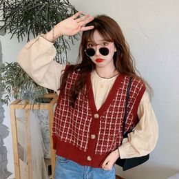 Damesvesten Sweater Vest Women Vintage Bourgondische plaid Soft Casual Koreaanse Trendy Ladies Mouwloze gebreide Knitwear Chic Daily Preppy Female Sweaters 230322