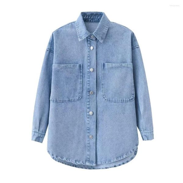 Gilets pour femmes tempérament mode décontracté Ruili polyvalent poche bouton col Polo flocon de neige artisanat doublure en Denim