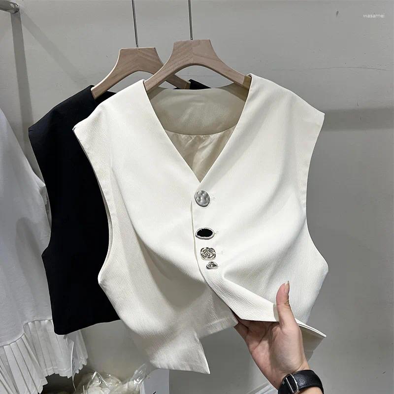 女性のベスト夏の装飾ボタンのための薄いスーツベストジャケットトップの感覚を持つ短いデザイン