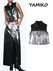 Damesvesten Tie Dye Metallic Folie Vest Voor Dames Revers Mouwloos Single Breasted Crop Tops Vrouwelijk Denim Vest Mode Streetwear