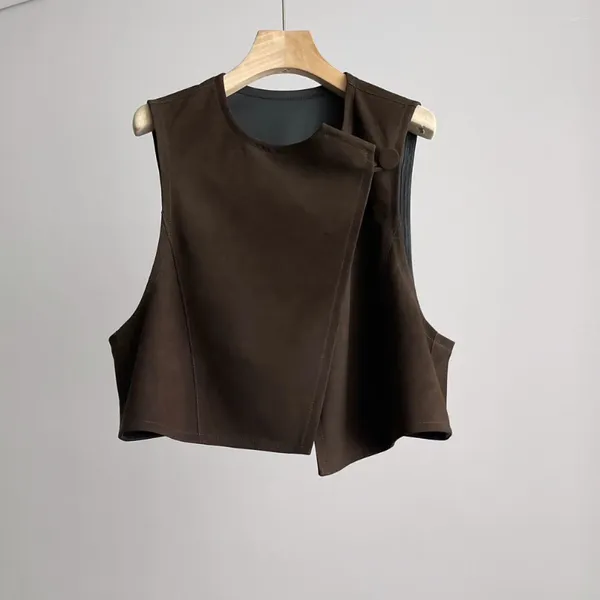 Gilets pour femmes Haut de gamme Femmes Véritable peau de mouton Bouton unique Gilet en daim Dame élégante All Match sans manches Veste en cuir véritable Gilet