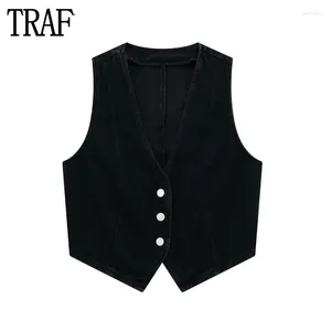 Gilets pour femmes TRAF 2024 Cropped Denim Vest Femmes Noir Veste sans manches Gilet Streetwear Jean pour bouton d'automne