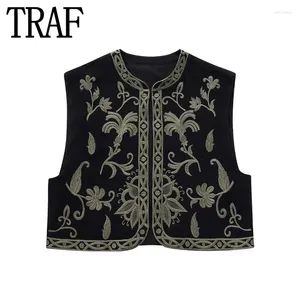 Gilets pour femmes TRAF Noir Brodé Gilet Femme Recadrée Sans Manches Pour Femmes Cardigan Automne Vintage Veste Gilet Court Boho