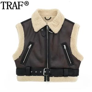 Gilets Femmes Traf Cropped Faux Cuir Gilet Femmes Polaire Sans Manches Pour Ceinture De Mode Manteau En Peau De Mouton Femme Hiver 2023 231207