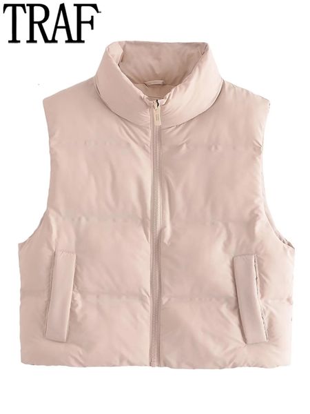 Gilets Femmes TRAF Recadrée Rembourrée Gilet Femme Beige Gilets Sans Manches Pour Femmes Noir Y2k Zip Gilet Chaud Manteau D'hiver Automne Veste Courte 221202