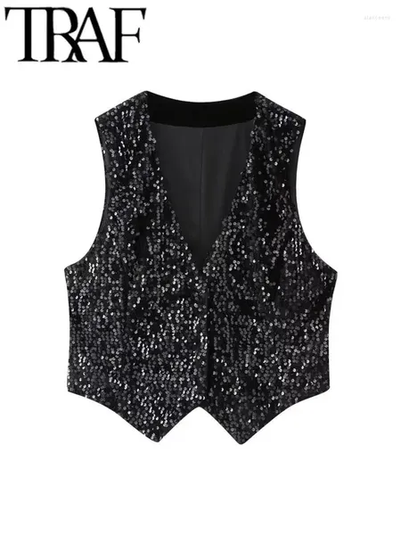 Chalecos de mujer TRAF GAL Lentejuelas Mujeres Chaleco Blazer Botones Chaleco delgado V Cuello Sin mangas Mujer Crop Top Black Party 2024 Primavera Y2K