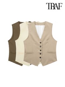 TRAF Vrouwen Mode Knop Linnen Vest Vintage V-hals Mouwloos Vrouwelijke Bovenkleding Chic Vest Tops 230815