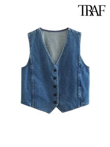Damesvesten TRAF Damesmode Knop Denim Vest Vintage V-hals Mouwloos Vrouwelijke Bovenkleding Chic Vest Tops 230506