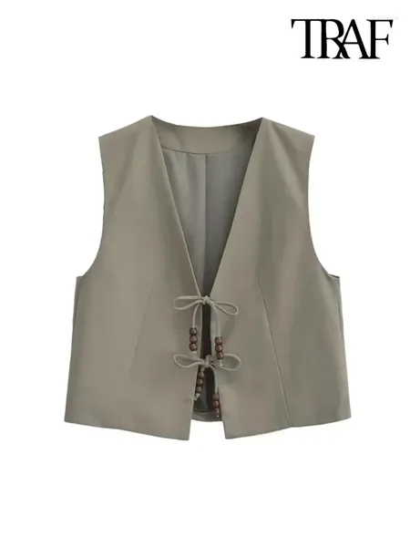 Gilets pour femmes Traf Femmes Mode avec perlé Lié Lin Crop Gilet Vintage Col V Sans manches Femme Vêtements de dessus Chic Gilet Tops