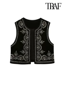 Gilets Femmes TRAF Femmes Mode avec paillettes broderie velours gilet ouvert vintage col rond sans manches vêtements de dessus pour femmes chic gilet hauts