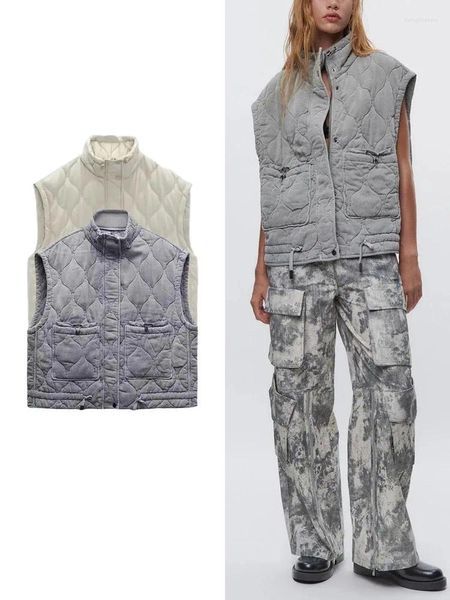 Gilet pour femmes Trafza Stand-Up Collier Léger sans manche Coton Veste de veste de poche Décoration