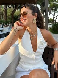 Gilet pour femmes Trafza Fonds Fashion Single Breasted Flower Design Elegant White Halter Veste Bureau Bureau Dames Sans manches