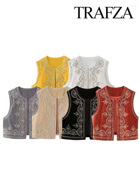 Chalecos de mujer Trafza Mujeres Moda Vintage O Cuello Lentejuelas Flor Bordado Chaleco Cardigan Sin mangas Casual Terciopelo Chaleco Streetwear