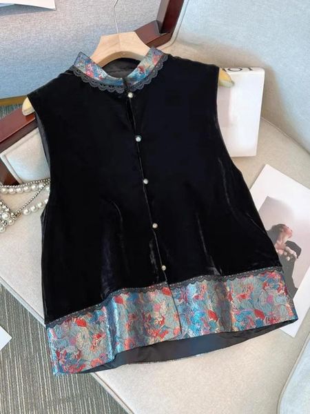 Chalecos de mujer Vintage Black Velvet Chaleco Abrigo Colete Feminino 2023 para mujeres Crop Top Bordado Imprimir Chaqueta Chaleco Chaleco Mujer