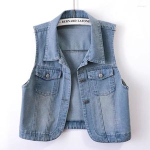 Gilets pour femmes Vintage Blue Denim Vest Femmes Casual Gilet Big Pocket Cowboy Veste sans manches Manteau Summer Loose Short Jeans Femme