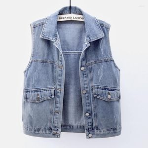 Damesvesten Vintage Blauw Verzwakt Grote Zak Denim Vest Vrouwen Koreaans Vest Casual Cowboy Mouwloos Jasje Losse Korte Jeans Vrouwelijk