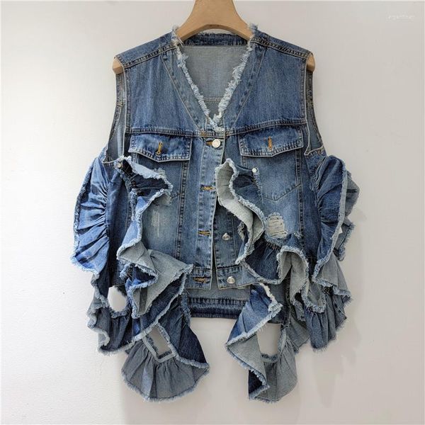 Gilets pour femmes Vintage bleu effiloché col en V Cowboy gilet volants épissage Denim gilet femmes coréen lâche court jean sans manches veste