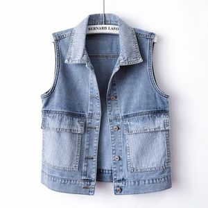 Gilets pour femmes Vintage bleu rayure panneau grande poche Denim débardeur femmes Ultra mince taille courte manteau Denim sans manches veste coréen jean débardeur femmes 230329