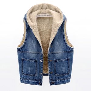 Gilets pour femmes Vintage bleu hiver épais à capuche cachemire Denim débardeur femmes sans manches Denim gilet ample court déchirure jean Women's Tank Top 230329